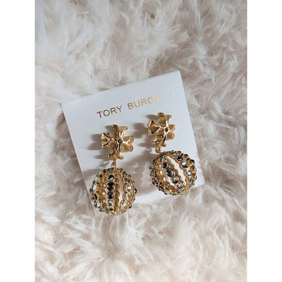 TORY BURCH Roxanne Crystal Ball Double T Logo Drop Earrings - Picture 4 of 5